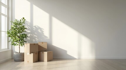 Empty Room with Cardboard Boxes and a Plant