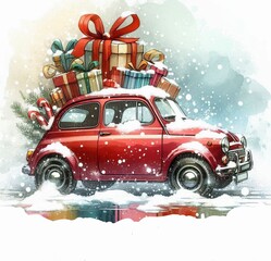 Santa claus driving a car, Christmas drawing watercolor illustrations, Christmas car, auto, automobile, vehicle, toy, red, transport,
