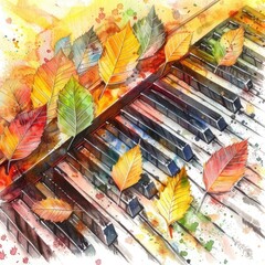 Obraz premium Melodic Autumn Harmony: Piano Keys with Vibrant Watercolor Leaves