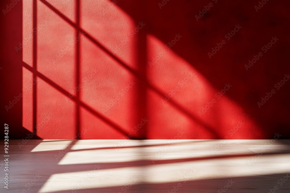 Poster a vibrant red wall that casts intricate shadows, effectively highlighting the dynamics and patterns 