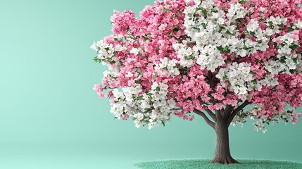 Obraz premium Pink-and-white tree on green hill with pink-and-white flowers and grass in foreground