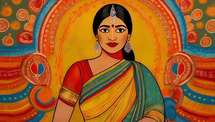 Colorful Madhubani art from India woman in sari in front of textured background.