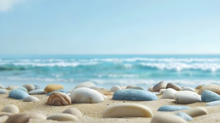 A tranquil close-up of smooth pebbles scattered on a beach, bathed in the soft glow of the setting sun.	
