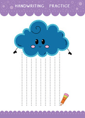 Simple educational game for kids. Vector handwriting practice sheet with cute rain cloud