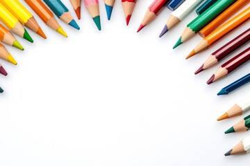 Fototapeta premium Many different colored pencils on white background with generative ai