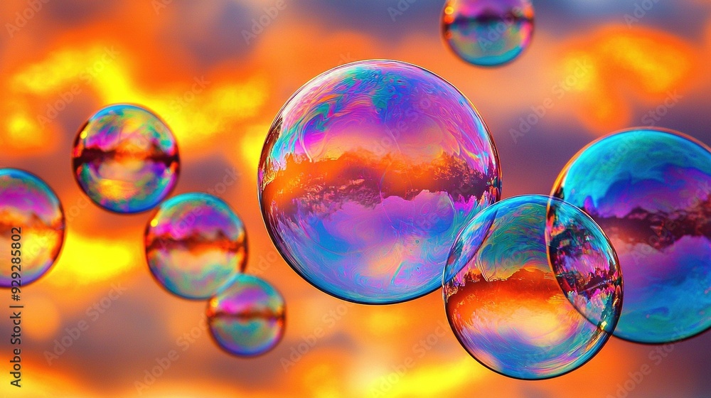 Poster a group of soap bubbles floats in front of an orange-blue sky, amidst trees and clouds in the backgr
