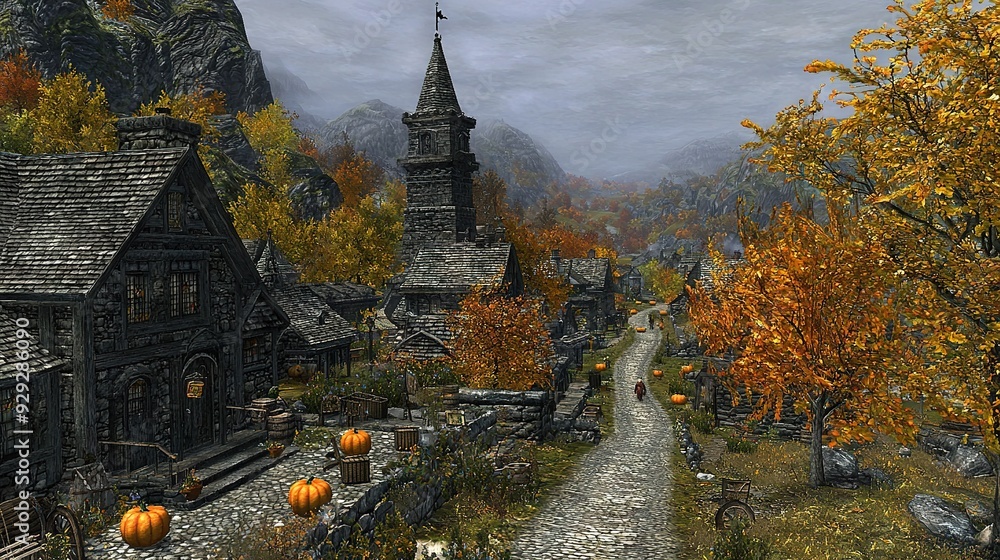 Poster a computer-generated image featuring a village with pumpkins upfront and a mountain backdrop