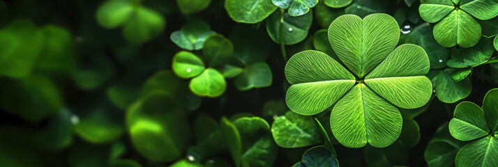 Good luck four-leaf clover on a green background. Horizontal banner. Free space for text. Talisman, symbol of luck and good fortune. For St Patrick's Day or symbolizing luck, fortune, and prosperity