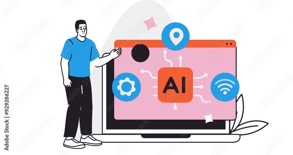 Aufkleber artificial intelligence. moving banner with male programmer standing next to laptop with innovative 