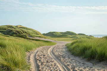 A beach path leading to grassy hills, a sandy road with bicycle tracks in the sand and green grass