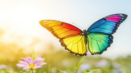 Fototapeta premium Butterfly perched on pink flower against green-purple backdrop, with bright blue sky behind