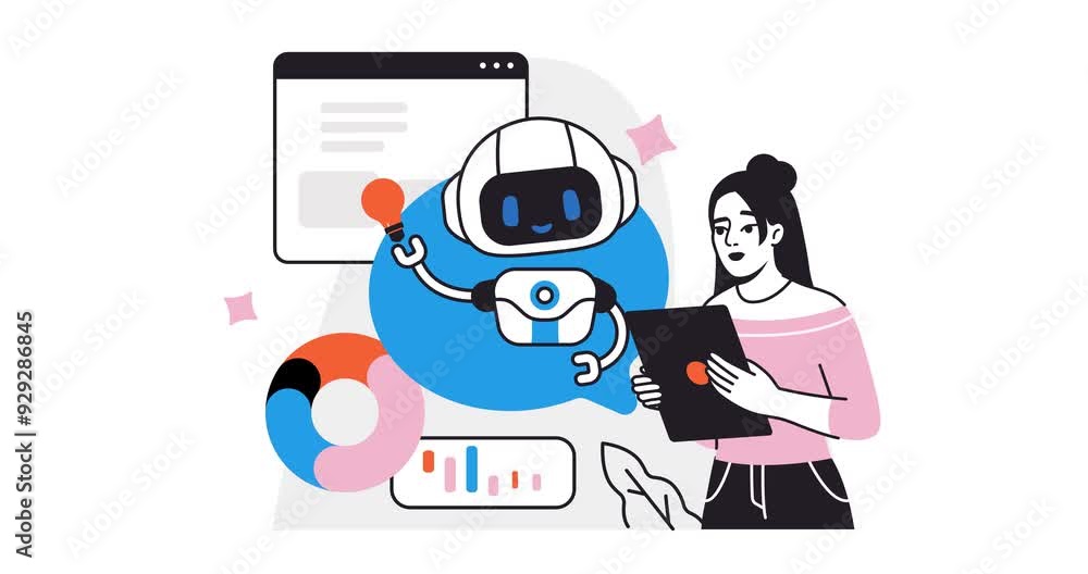 Poster artificial intelligence. moving banner with woman using virtual robot assistant to solve business ta