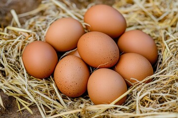 Pile of raw brown chicken eggs in straw with generaive ai