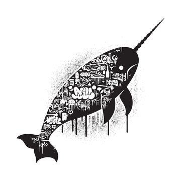 recommend clip art: silhouette of Narwhal filled with graffiti street wall in rough drawing