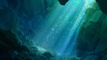 Obraz premium Sunbeams Through Deep Blue: A mesmerizing underwater scene reveals a sunbeam piercing through the deep blue ocean, illuminating a mysterious underwater landscape with a magical glow.