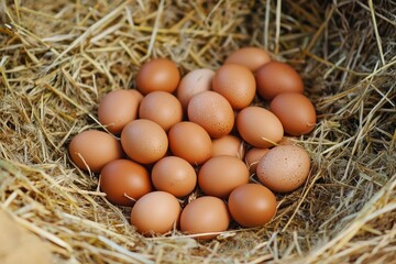 Pile of raw brown chicken eggs in straw with generaive ai