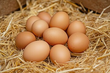 Pile of raw brown chicken eggs in straw with generaive ai