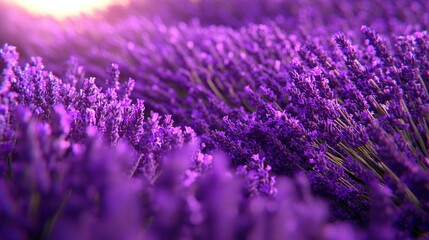   A field of lavender with the sun shining behind cloudy skies in the background of the photo