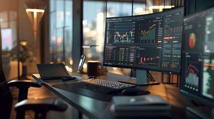 A well-organized desk with a high-resolution monitor displaying an executive summary and financial data. Nearby, a sleek notebook and financial documents complement the business setup.