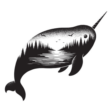 recommend clip art: silhouette of Narwhal filled with river view in rough drawing