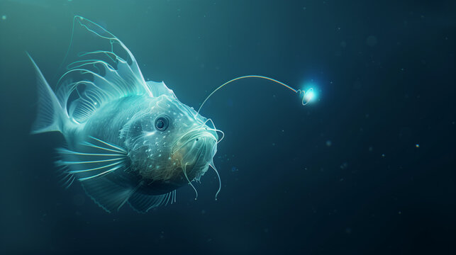 Deep Sea Anglerfish:  A translucent, bioluminescent anglerfish with a bioluminescent lure, a mesmerizing portrait of a fascinating deep sea creature.  
