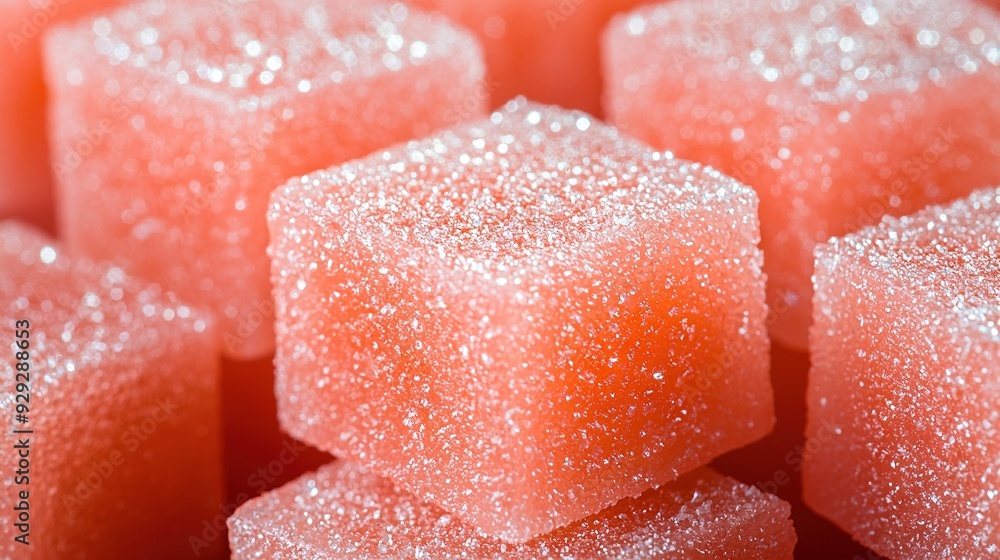 Poster a close-up of multiple sugar cubes with a generous amount of sugar on each cube