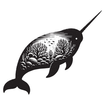 recommend clip art: silhouette of Narwhal filled with underwater view with coral in rough drawing