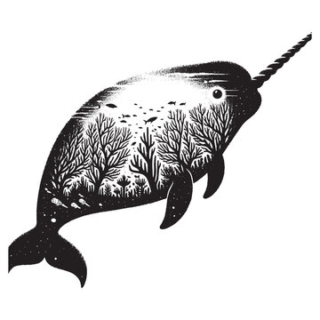 recommend clip art: silhouette of Narwhal filled with underwater view with coral in rough drawing