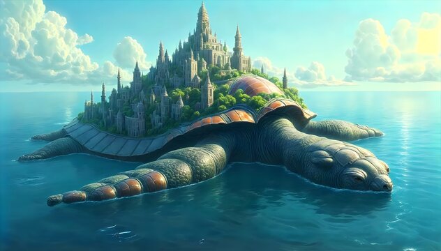 Fantasy City Perched on the Back of a Giant Turtle