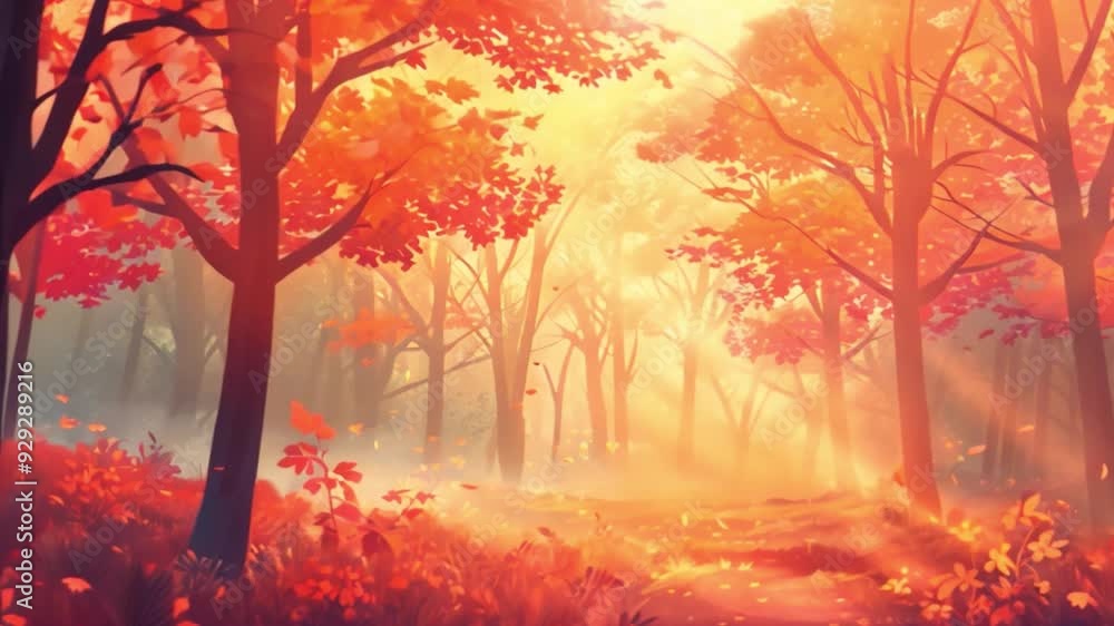 Aufkleber sunlight filters through the trees in a misty autumn forest, illuminating a path covered with red le