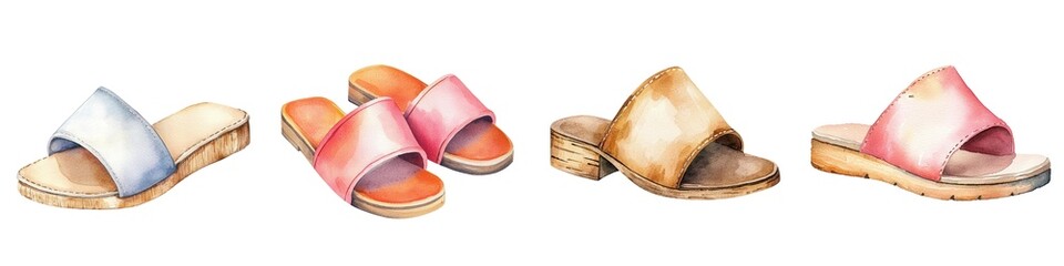 Colorful summer sandals in various styles, perfect for beach outings or casual wear. Comfortable and stylish footwear for warm days.