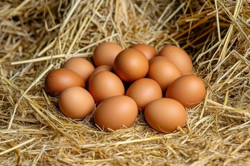 Pile of raw brown chicken eggs in straw with generaive ai
