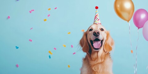 Portrait of an isolated golden retriever dog against blue background celebrating its birthday party with balloons, confetti and a festive hat.
