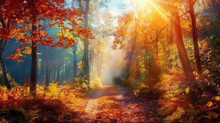 Golden sunlight streams through vibrant autumn foliage, illuminating a serene forest pathway enveloped in warmth.