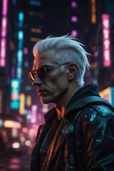 Naklejka premium Man with White Hair in Cyberpunk Style in Megalopolis of the Future Amidst City Hustle.