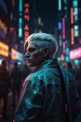 Fototapeta premium Man with White Hair in Cyberpunk Style in Megalopolis of the Future Amidst City Hustle.