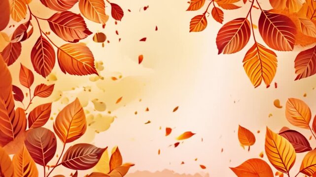 A watercolor illustration depicting autumn leaves in shades of orange, yellow, and red fall against a warm, light background.