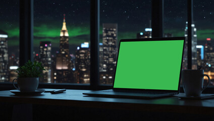 Obraz premium Laptop with Green Screen on Table Against Night City Background