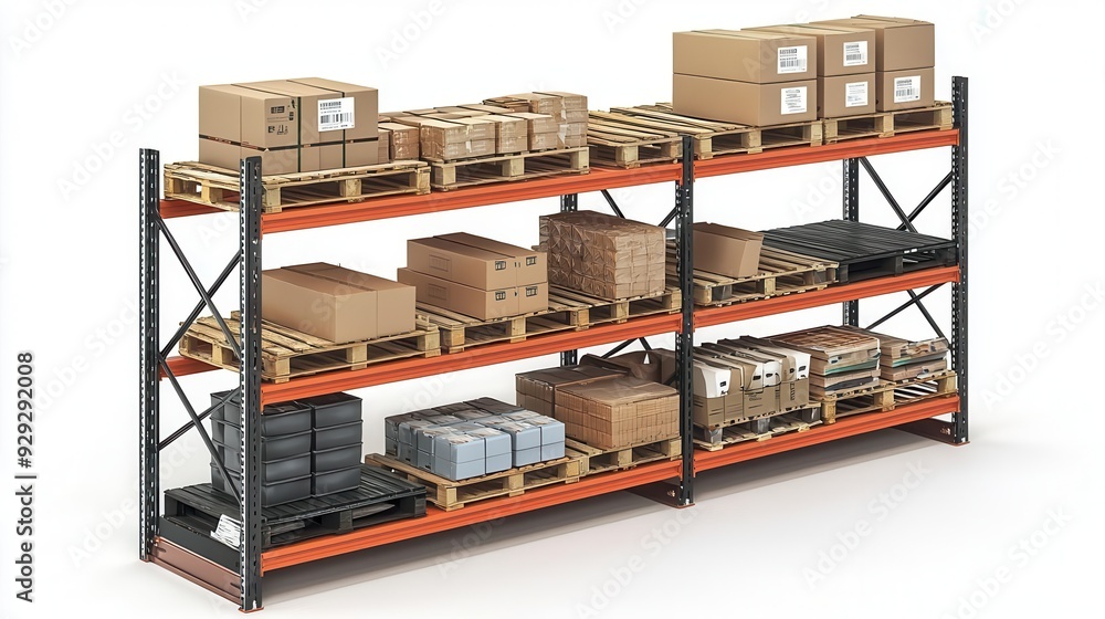 Poster organized warehouse shelving displaying various boxes and pallets for efficient inventory management