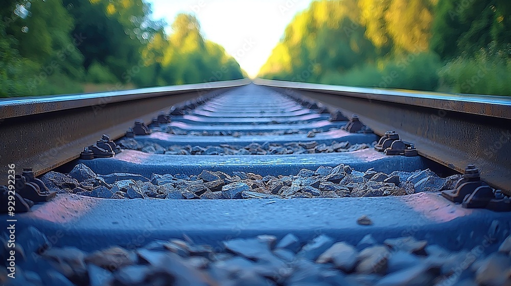 Poster close-up train track with trees in background, featuring a light at the end