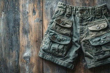 Stylish cargo shorts with multiple pockets, laid flat on a wooden surface