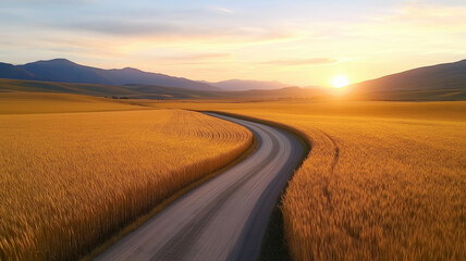 Naklejka premium A road meandering through golden wheat fields, beautifully illuminated by the setting sun, highlighting the grains.
