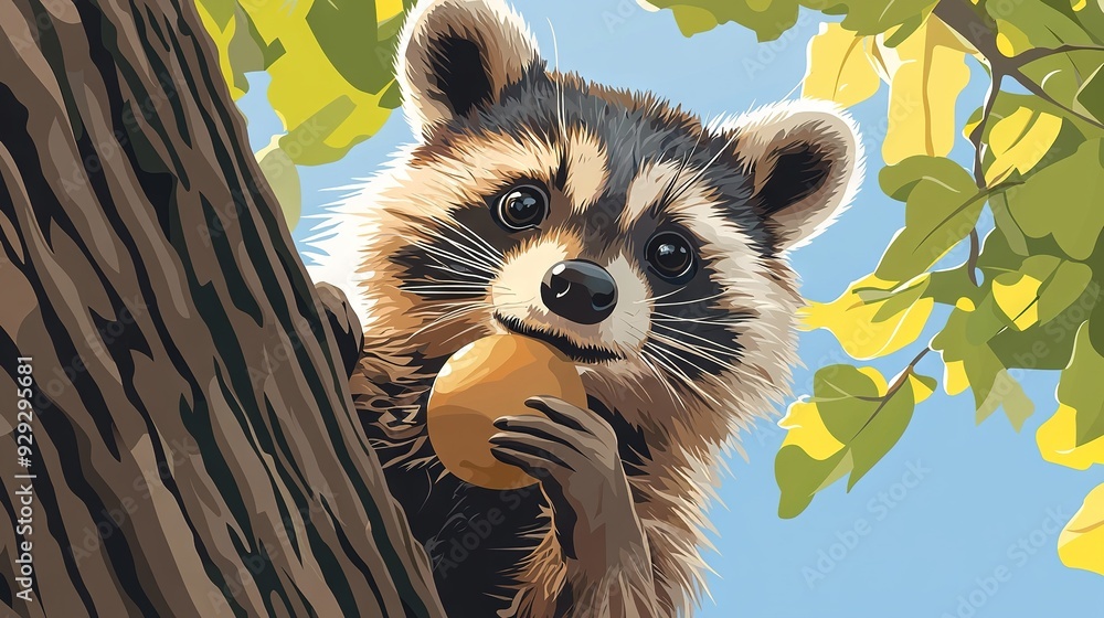 Canvas Prints   A raccoon holding an acorn, peeking out from behind a tree in a painting