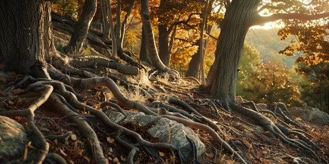 Hillside trees long roots exposed by landslide