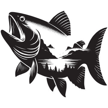 recommend clip art: silhouette of piranha filled with mountain and nature view in rough drawing