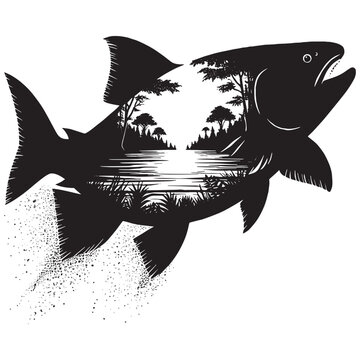 recommend clip art: silhouette of piranha filled with nature view in rough drawing