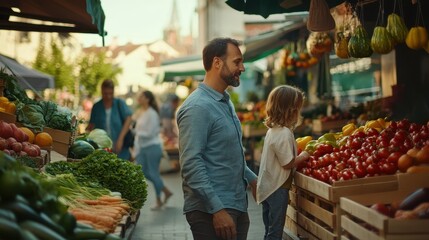 Obraz premium A family strolls through a lively farmers market, admiring fresh fruits and vegetables while enjoying quality time together