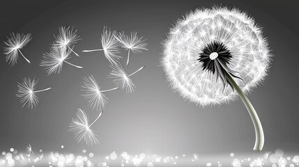   A dandelion blowing in the wind against a black-and-white background, with a blurred image of the dandelion