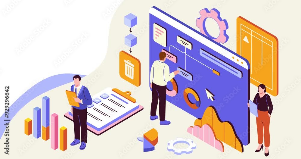 Poster business workflow. moving banner with office workers planning tasks, analyzing data and managing pro