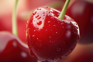 Red juicy sweet cherries. Juicy maroon fruit close-up. Cherries in magnification with light reflections. Sweet fruit with generative ai